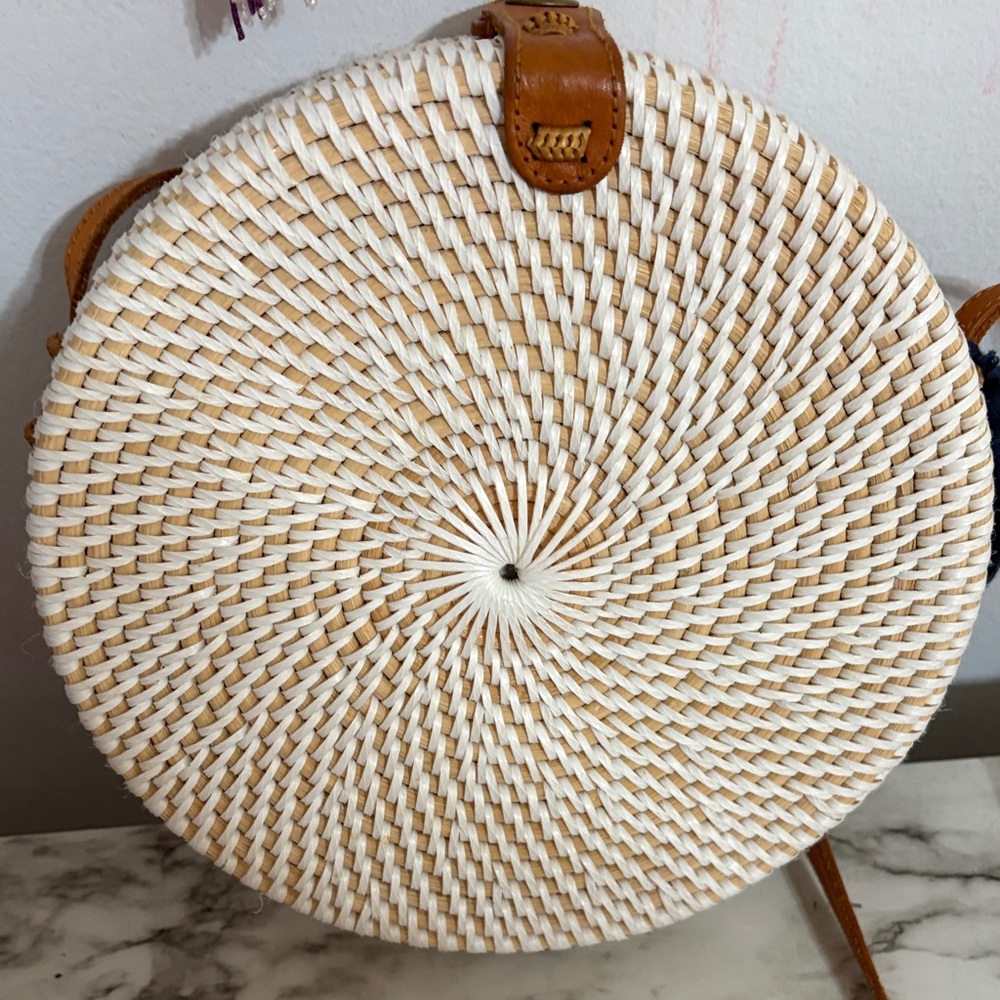 Round Woven Tan and White Crossbody Bag